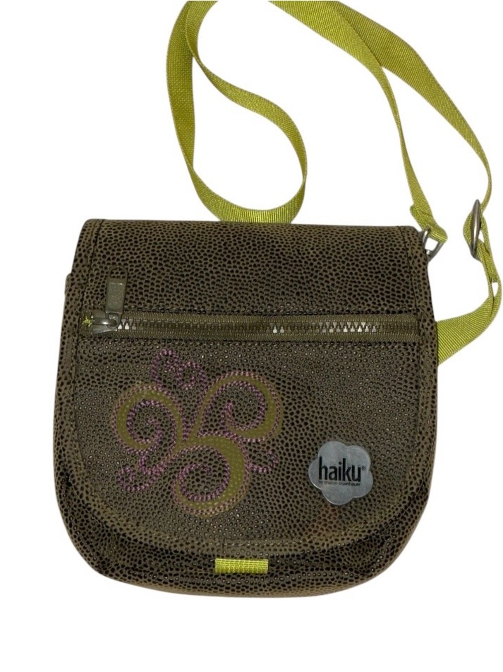 Haiku Olive Crossbody‎ Bag with Lime Strap with Embroidery